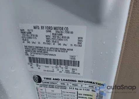 2013 Ford F-150 King Ranch z USA, uszkodzony, nr VIN 1FTFW1ET7DKF09529